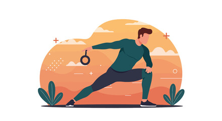 Man performing a dynamic stretching exercise with a kettlebell, showcasing fitness and healthy lifestyle in a modern flat design.