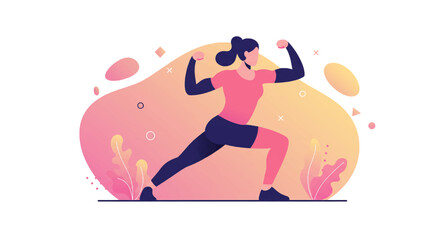 A vibrant, flat design illustration showcasing a strong woman flexing her muscles, ideal for marketing materials, landing pages, and health-focused web designs.