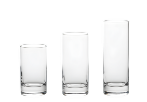Clean Arrangement of Three Clear Glass Cylindrical Vases in Graduated Heights – Isolated on White or Transparent Background