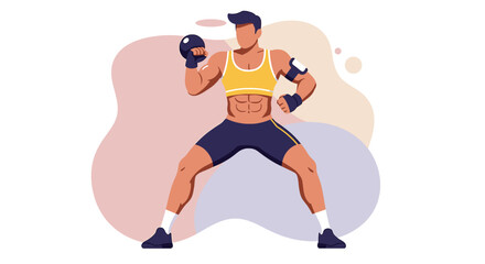 Fit man in sportswear with boxing gloves and arm band, practicing martial arts on a colorful background, flat design.