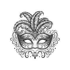 Intricate black and white patterned mask illustration with repeating geometric elements