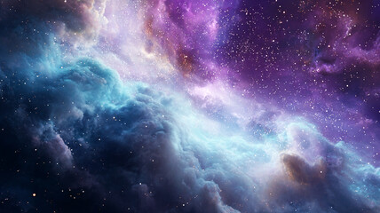 Fototapeta premium A vibrant purple and blue abstract nebula forming near a distant star cluster in outer space