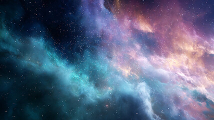 A vibrant purple and blue abstract nebula forming near a distant star cluster in outer space