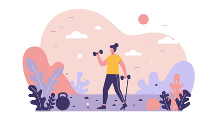 A vibrant flat design illustration depicts a woman exercising with dumbbells in a stylized outdoor setting, ideal for a fitness-themed landing page or marketing banner.