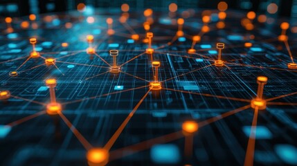 Obraz premium Interconnected orange nodes on blue circuit board texture