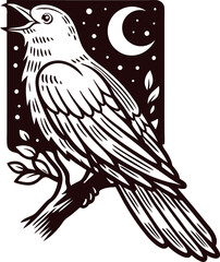 Naklejka premium Illustration of raven perched on branch with crescent moon and starry night sky in vintage engraving