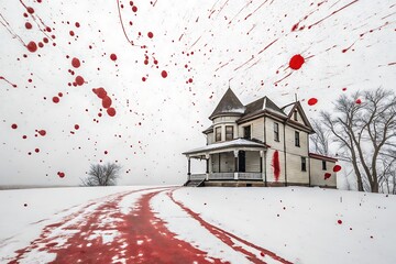 Spattered Red Blood on a White House in a Snowy Landscape with Red Blood Trail splatter
