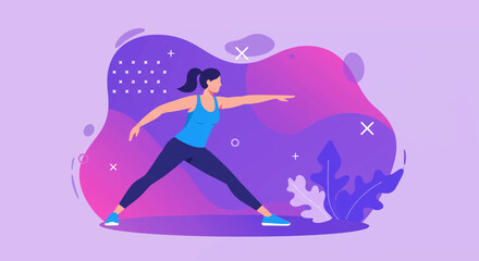 Modern flat design illustration of a woman doing yoga, perfect for a health and wellness landing page banner, marketing materials, website design, presentations, or infographics.