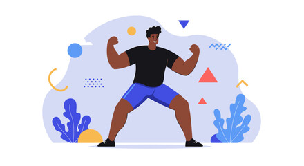 An energetic illustration showcases a strong, muscular Black man flexing his biceps in a dynamic pose, set against an abstract, colorful background.