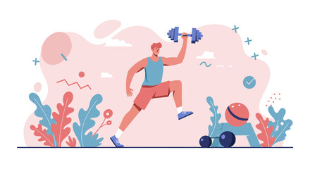 A vibrant illustration of a fit man dynamically lifting a dumbbell, ideal for fitness websites, marketing materials, and presentations needing a healthy lifestyle concept.