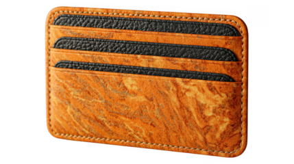 Closeup of an elegant orange leather card holder with a unique marble texture isolated on transparent background