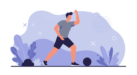A dynamic flat design illustration showcases an athletic man in sportswear, engaged in a workout routine, suitable for fitness and wellness website banners or marketing materials.