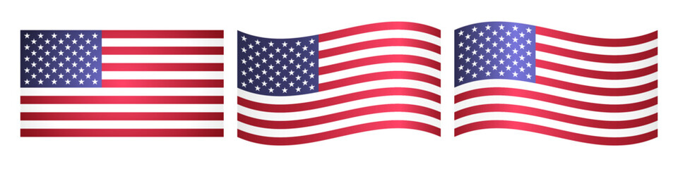 Set of US creative 3D flags. Classic and wavy design. Flag of the United States icons. Sports or business elements