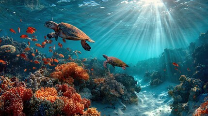 Fototapeta premium Pristine Coral Reef Habitat with Sunbeams Penetrating Water, Sea Turtles Gliding Among Colorful Coral Formations and Bright Tropical Fish