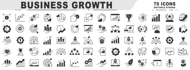 Big set of business growth related black line icons. Editable stroke
