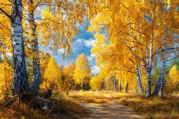 Birch trees with golden leaves flank a path under a blue cloudy sky
