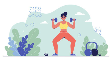A dynamic flat design illustration showcases an athletic man in sportswear, engaged in a workout routine, suitable for fitness and wellness website banners or marketing materials.