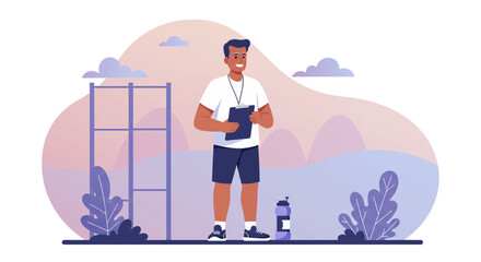 A dynamic flat design illustration showcases an athletic man in sportswear, engaged in a workout routine, suitable for fitness and wellness website banners or marketing materials.