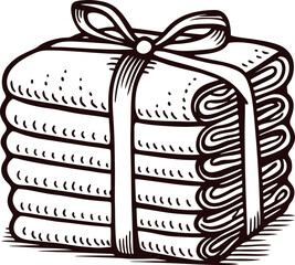 Bundle of folded towels tied with ribbon in vintage woodcut engraving illustration