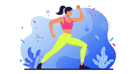 A dynamic flat design illustration showcases an athletic man in sportswear, engaged in a workout routine, suitable for fitness and wellness website banners or marketing materials.