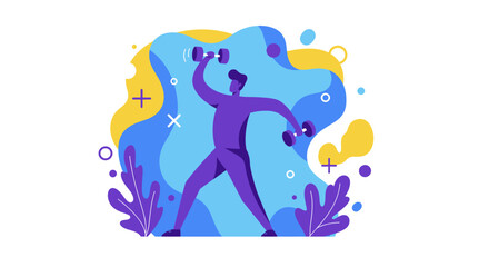 A dynamic flat design illustration showcases an athletic man in sportswear, engaged in a workout routine, suitable for fitness and wellness website banners or marketing materials.
