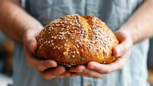Baker is holding a freshly baked loaf of bread covered in seeds, showcasing the result of their hard work and passion for baking - Powered by Adobe