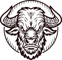 Fototapeta premium Angry bison head illustration with bold lines and stylized fur in circular emblem design
