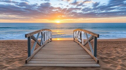Fototapeta premium Wooden walkway leading to the ocean at sunset.