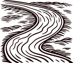 Curved rural dirt road winding through countryside landscape, vintage woodcut black and white illustration