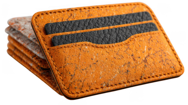Orange leather cardholder with black interior pockets, isolated on transparent background - Powered by Adobe