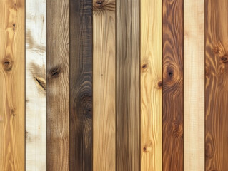 Collection of various natural wooden planks arranged in a row showcasing different grain patterns and colors
