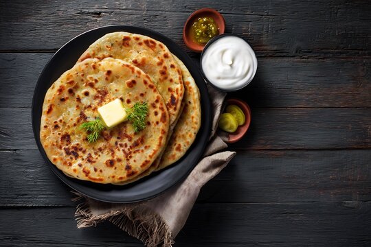 Freshly made aloo paratha butter melting on top served with yogurt and pickle North Indian breakfast top view rustic background