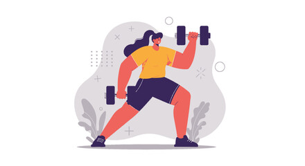 A dynamic flat design illustration showcases an athletic man in sportswear, engaged in a workout routine, suitable for fitness and wellness website banners or marketing materials.