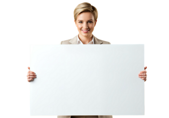 Businesswoman holding a blank whiteboard and smiling, isolated 