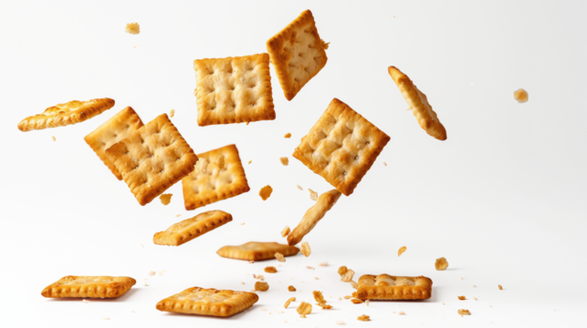 Crunchy crackers floating in the air with crumbs scattering against a transparent background