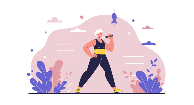 Active senior woman with short gray hair sings into a microphone, enjoying a healthy lifestyle and fitness, surrounded by nature-inspired elements in a vector illustration.