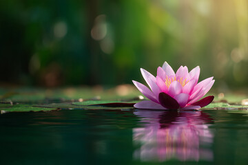 Close-up of a pink lotus flower gently floating on still water, with reflections and a blurred green jungle background,
