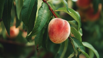 Close-up of perfect peach nestled on tree branch with vibrant green leaves. Soft pink-red hues contrast smooth texture, delicate skin, capturing summer abundance beauty.