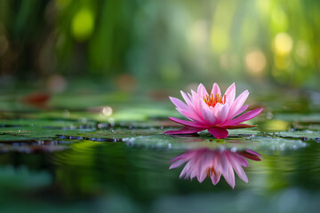 Close-up of a pink lotus flower gently floating on still water, with reflections and a blurred green jungle background,