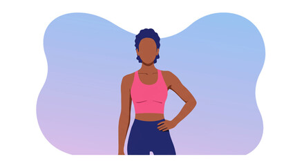 Stylish illustration of a confident Black woman in sportswear, ideal for fitness websites, social media banners, and marketing presentations, using a trendy flat design style.