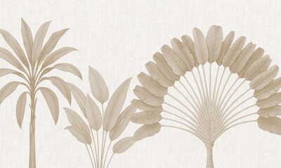 Neutral Botanical Wall Art - Beige Tropical Leaves Watercolor Print