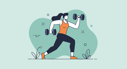 A young woman is doing lunges while holding dumbbells, in a flat design style, perfect for fitness websites, blogs, or marketing materials needing a healthy lifestyle visual.