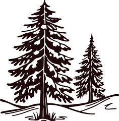 Obraz premium Hand drawn evergreen pine trees with snow on branches vintage engraved black and white winter illustration