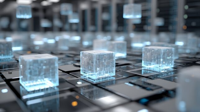 Blockchain data blocks hovering in 3D above server room