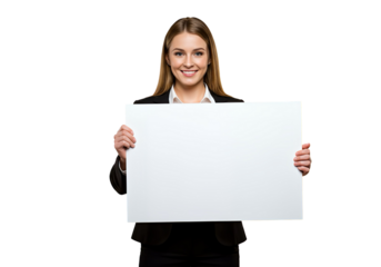 Businesswoman holding a blank whiteboard and smiling, isolated 