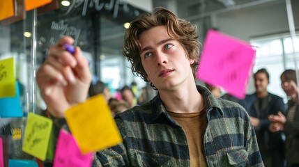 Energetic Brainstorming Session: A Young Professional Jots Down Bold Ideas Amidst a Collaborative Office Atmosphere