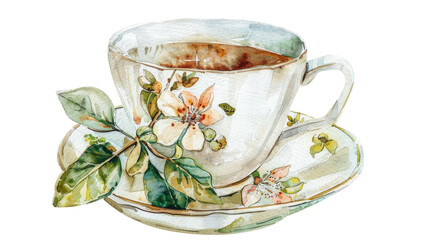 Delicate tea cup with floral design and saucer on transparent background showcasing warm tea