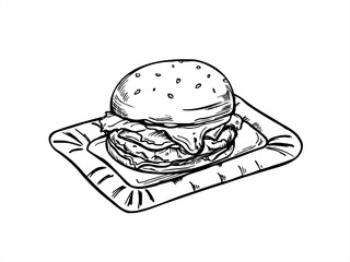 Monochrome smash burger served on rectangle paper plate vector illustration painted by black inks. BBQ sandwich with sesame seeds for for food menus, packaging, family weekend concept