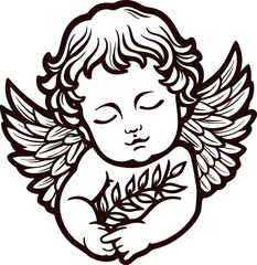 Sleeping cherub angel with feathered wings holding olive branch, vintage hand drawn black and white illustration