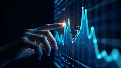 A glowing digital interface displays a graph with a hand touching the bright blue chart, showcasing finance, technology, and analytics.